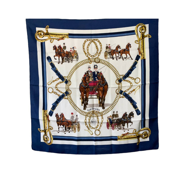 Hermès HERMES  "EQUIPAGES" Carre 90cm Square Silk Scarf Navy - Picture 1 of 16